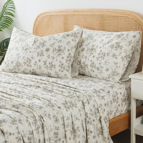 Zusbest Cotton Sheets Full Tan Floral Beige Patterned Bed Sheet Sets Vintage Peony Flower Toile Printed Bedding Luxury Soft Breathable Crisp Cooling Percale Sheets Deep Pocket 17.5'', 4 Pcs Zusbest