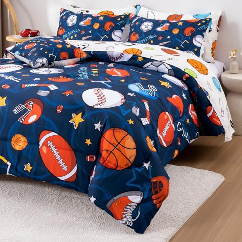 A Nice Night 6Pcs Bed in A Bag Twin Sports Microfiber Modern Comforter Set,Navy Rugby Ball Printed Bedding Collections,for Boys Kids Teen A Nice Night