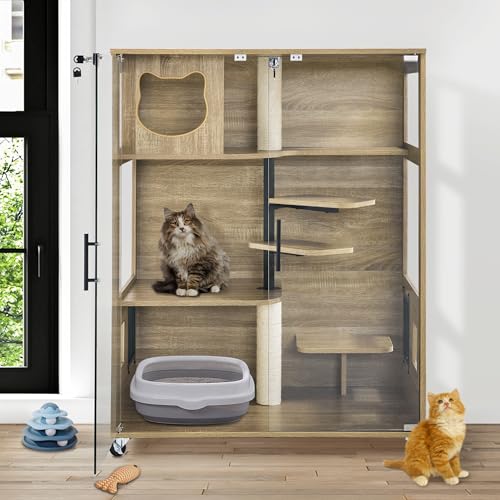 Lovupet Wooden Cat House with Scratching Posts, Luxury Large Cat Condo with Lockable Wheels, Indoor Kitten Cage with Escape Door, GC11 Lovupet