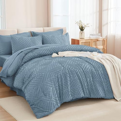 Andency King Size Comforter Set 7 Pieces Grayish Blue - Bed in a Bag King Boho Lightweight Fluffy Tufted Bedding Sets with Comforter, Sheets, Pillowcases & Shams