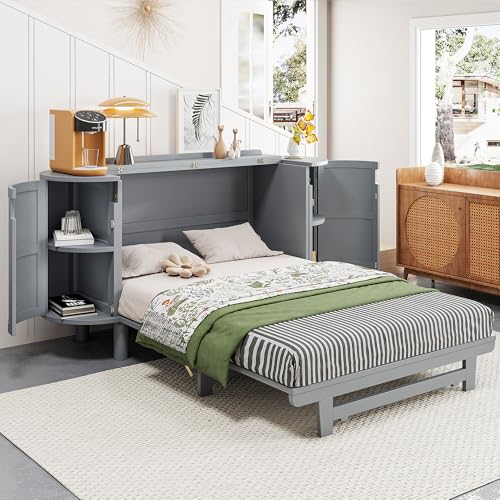 Harper & Bright Designs Full Murphy Bed with Hidden Storage & Modern Woven Design, Gray