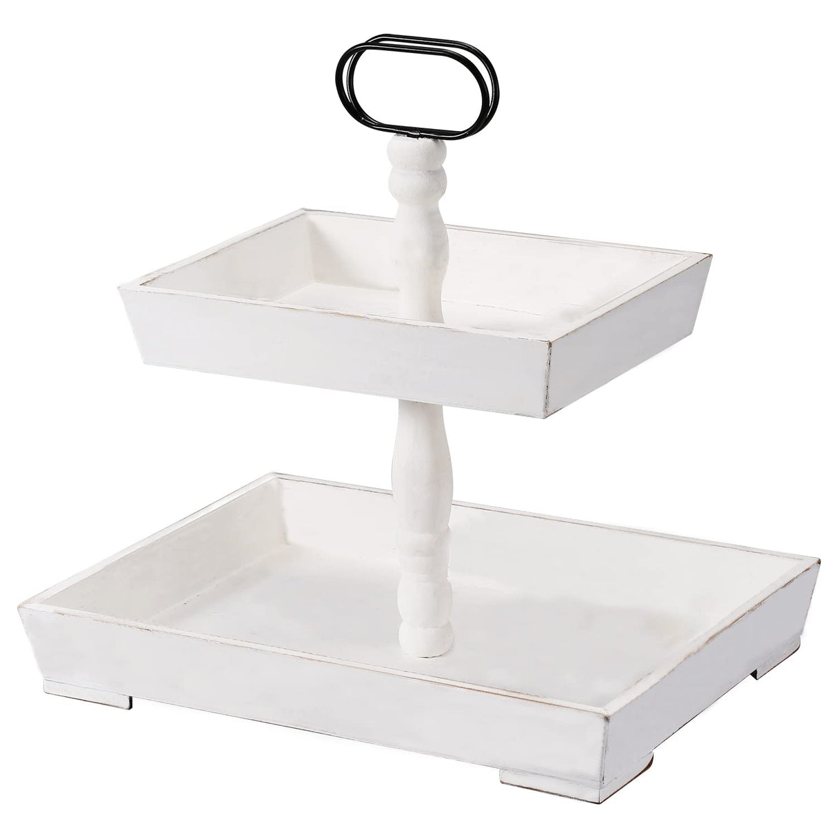SHINGYU Rectangle Wooden 2 Tiered Tray, Tiered Farmhouse Tray, Kitchen Table Stand, Tier Serving Tray, for Food Fruits Cupcake Display Coffee Bar Home Party Seasonal Decorations (White) SHINGYU