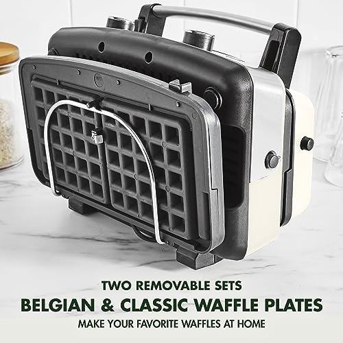 GreenPan Elite 2-Square Belgian & Classic Waffle Iron, Healthy Ceramic Nonstick Aluminum Dishwasher Safe Plates, Adjustable Shade/Crunch Control, Wont Overflow, Easy Cleanup Breakfast, PFAS-Free,White GreenPan