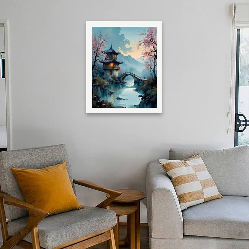 Oriental Landscape Paint by Numbers Kit for Adults - DIY Chinese Pavilion with Bridge Painting on Canvas 16x20 Inches, Acrylic Paint Set, Suitable for Beginners,Art for Home Decoration/Gifts TAOPAOLAB