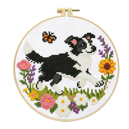 Zhenqing Collie Dog Cross Stitch Kit with Floral Garden, 11CT Printed 24x24cm, Beginner Embroidery Set Including 20cm Hoop(70795)