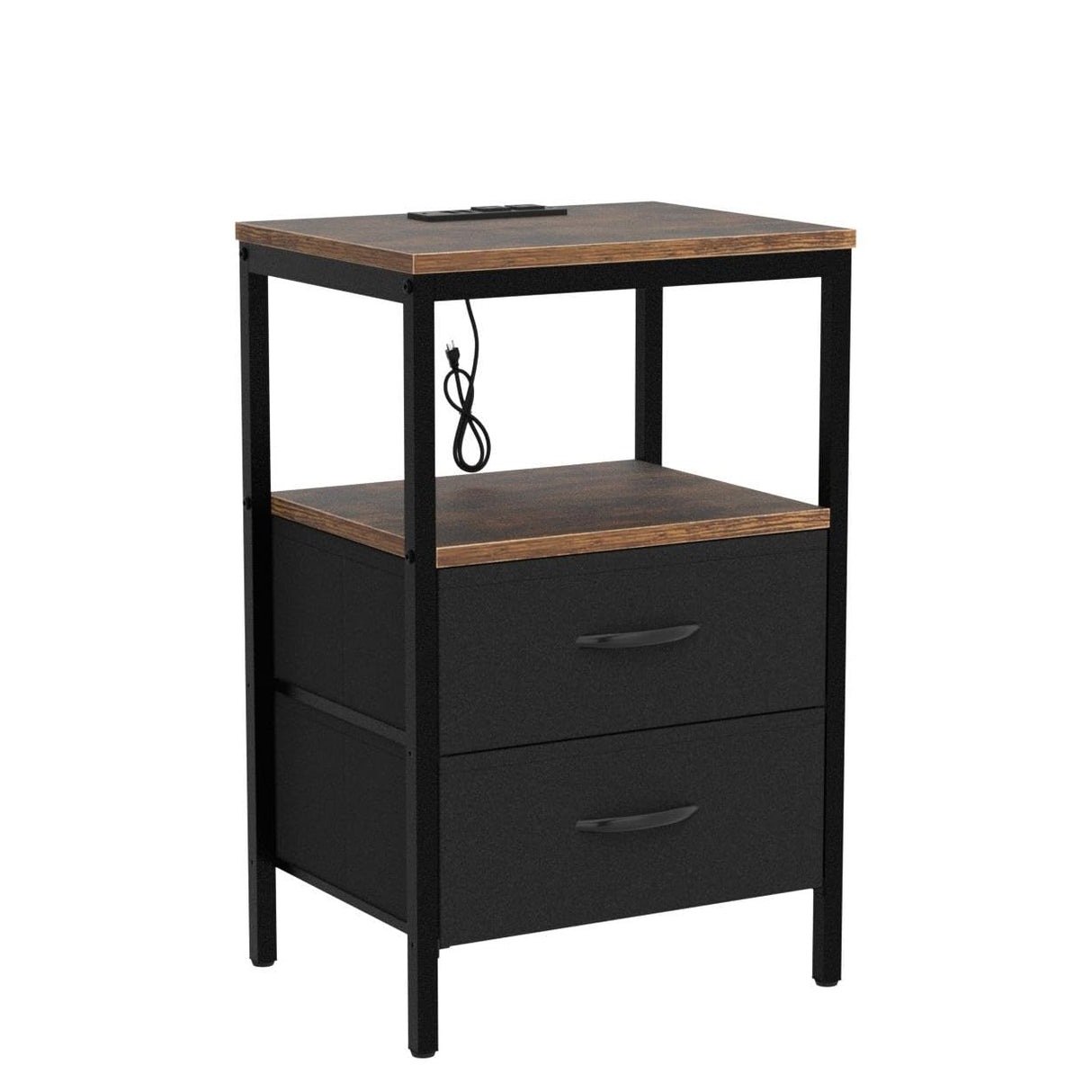 Huuger Nightstands Set of 2, End Tables with Charging Station, Side Tables with Fabric Drawers, Bedside Tables with USB Ports and Outlets, Night Stands for Bedroom, Rustic Brown and Black Huuger