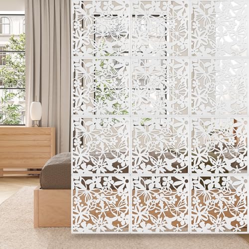 ANMINY 24 PCS Hanging Room Divider Flower Carving Pattern Panels Decorative Wall Screen Panel Hollow Out Design for Living Dining Room Bedroom Home Hotel Decor - White ANMINY