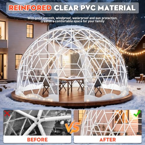12FT Garden Dome Tent, Geodesic Dome Greenhouse with PVC Clear Cover, Waterproof Garden Bubble Dome Tent House with 2 x 10M Light Strings for Outdoor, Patio, Party (White Edge, 12.5FT/3.8M) MAPONEEN