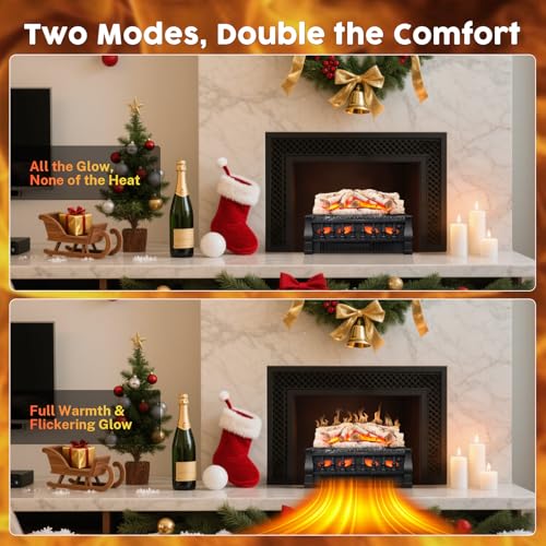 KISSAIR Electric Fireplace Log Inserts Heater, 21'' Freestanding Electric Fireplace Log Set, 5 Flame Brightness, 5 Flicker Speed, Heater 750W/1500W with Remote Control, Overheat Protection KISSAIR