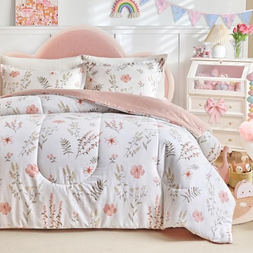 Joyreap 3pcs Floral Cotton Comforter Set for Girls, Pink Flowers n Leaves Botanical Design, Twin Size Soft n Cozy Bedding Comforter Set for All Season- 68x88 inches Joyreap