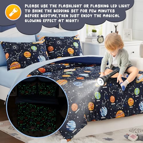 Full Kids Comforter Set - 7 Pieces Full Bedding Sets for Boys Teen, Glow in The Dark Space Bed in A Bag with Sheets Kaleido Space