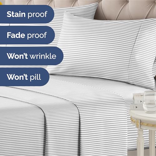 Striped Sheets - Black & White Striped Sheets - 1 Flat & 1 Fitted & 2 Pillowcases w/ Deep Pockets – Wrinkle & Fade Free - Soft, Breathable and Cooling – Luxury Pinstripe Bedding - Queen Size Bed Set CGK Unlimited