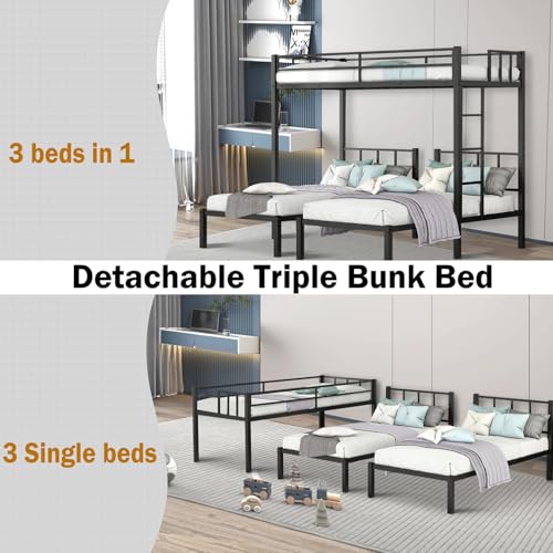 Zevemomo Twin Over Twin & Twin XL Bunk Bed, Metal Triple Bed with Safety Protect and Ladder, Convertible 3 Beds, No Boxing Spring Needed, Black Zevemomo