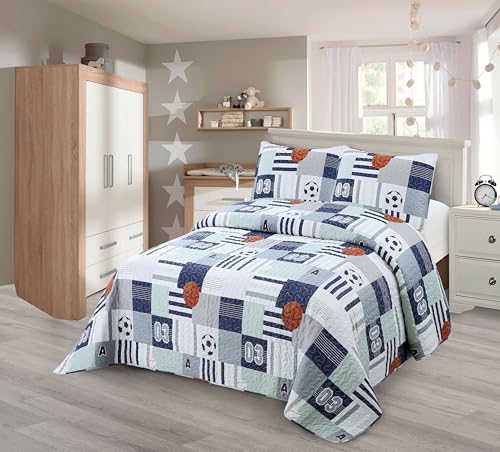 Kids Zone Collection Sports Theme Kids/Teens Quilted Bedspread Set, Basketball and Soccer Pattern, Navy Blue and White, Twin New # Aqua Sport Kids Zone Home Linen