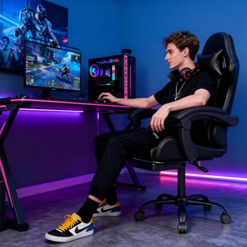 OS MOTOR Gaming Chair with Headrest and Lumbar Support, Ergonomic High Back Office Chair, Racing Style Executive Computer Desk Chair, Leather Adjustable Swivel Task Chair for Home Office (Black) OS MOTOR