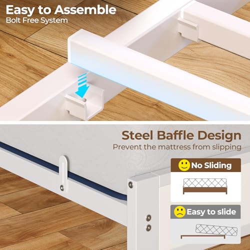 Rolanstar Bed Frame King Size with Charging Station and LED Lights, Upholstered Headboard with Storage Shelves, Heavy Duty Metal Slats, No Box Spring Need, Noise Free, Easy Assembly, White Rolanstar