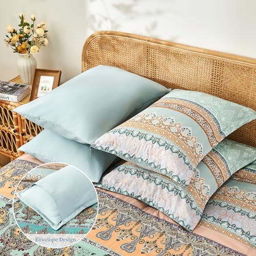 LXWORX Boho Comforter Set Queen - 7 Pieces Bed in a Bag, Bohemian Striped Comforter Set with Sheets, Soft Microfiber Sage Green Floral Bedding Set for All Season LXWORX