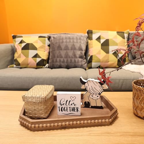 Hrastany Wood Rustic Serving Tray with Beads, Farmhouse Brown Decorative Tray for Table Centerpiece, Christmas Wedding Halloween Home Decor Hrastany