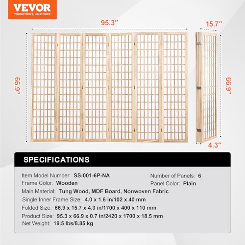 VEVOR Room Divider, 6 Panel Japanese Room Divider, Wood Folding Privacy Screen Indoor, Partition Dividers Portable Decoration Screens, for Room Separation Home Office Restaurant & Bedroom(Natural) VEVOR