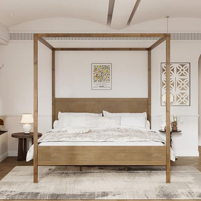 Christopher Knight Home Gana Classic Canopy Bed Frame King Size, 4 Poster King Size Bed Frame and Headboard, Wooden Slat Support, King Bed Frame No Box Spring Needed, Antique Natural