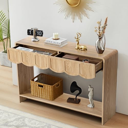 ORRD Console Table with Drawers, Mid-Century 43 Inches Narrow Entryway Table with Open Storage Shelves, Hallway Accent Tables Behind Couch Tables for Living Room - Natural ORRD
