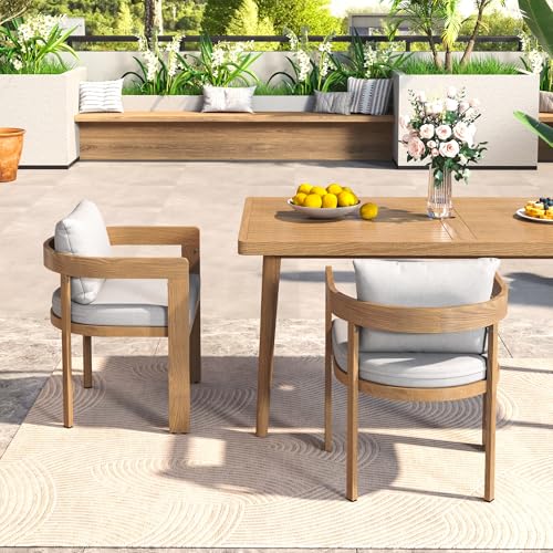 Christopher Knight Home Aluminum Dining Chair Set of 2, Armchairs with Cushions, Barrel Accent Chair, Wood-Like Finish, Comfy Seating Kitchen Side Chair Set for Balcony, Backyard, Garden, Teak Christopher Knight Home