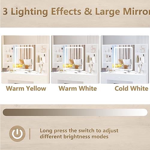 IRONCK Vanity Desk Set with Large LED Lighted Mirror & Power Outlet, 7 Drawers Vanities Dressing Makeup Table with Storage Bench, for Bedroom, Industrial Style White IRONCK