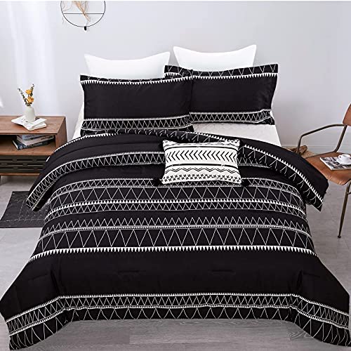 WONGS BEDDING Black Comforter Set Queen Reversible Boho Triangle Striped Down Alternative Comforter Set for Queen Bed - 3 Pieces (1 Comforter + 2 Pillowcases), Soft Microfiber Bedding Set 90"x 90" WONGS BEDDING