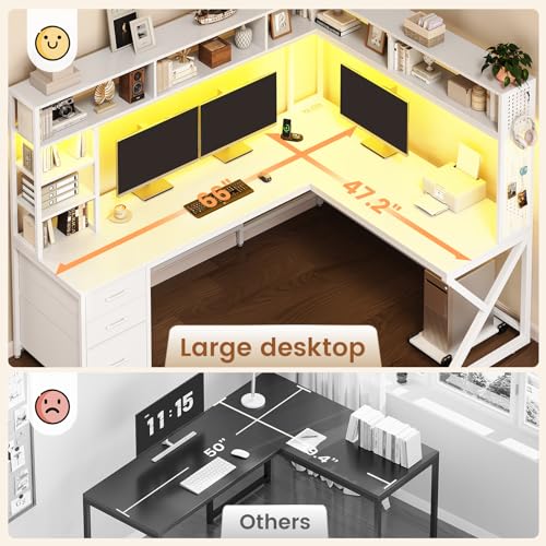 SEDETA Corner Computer Desk, Convertible 94.5" Gaming Desk with Storage Drawers, Hutch and Pegboard, L Shaped Office Desk with Power Outlet, LED Lights for Home Office, White SEDETA
