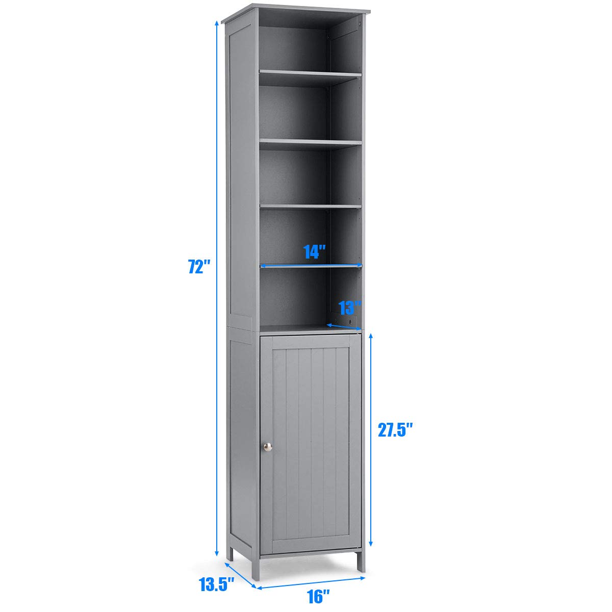 Tangkula Slim Tall Bathroom Storage Tower, 72" H with Adjustable Shelves & Cupboard, Space Saving Narrow Cabinet for Bathroom (Gray) Tangkula