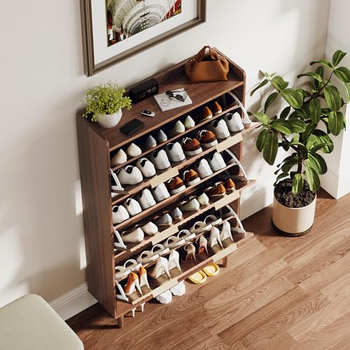 VINGLI Fluted Shoe Storage Cabinet for Entryway with 3 Flip Drawers, Narrow Shoe Organizer with Fluted Panel, Freestanding Wood Hidden Shoe Cabinet for Foyer, Hallway (Dark Walnut, 3 Flip Drawers) VINGLI