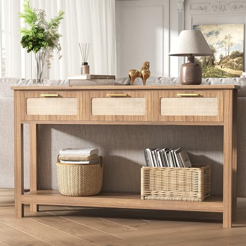 ELYKEN 51.2" Entryway Table with 3 Rattan Drawers, Boho Console Table Narrow with Storage, Long Sofa Table for Behind Couch Entry Hallway, Entrance, Living Room, Oak Brown ELYKEN