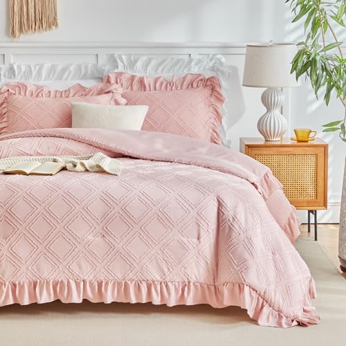 Tufted Ruffle Comforter Set Twin Size, 3 Pieces Blush Pink Ruffled Farmhouse Comforters, Luxury Solid Soft and Embroidery Shabby Chic Boho Bohemian Bedding Set for Girls (1 Comforter + 2 Pillowcases) Flysheep
