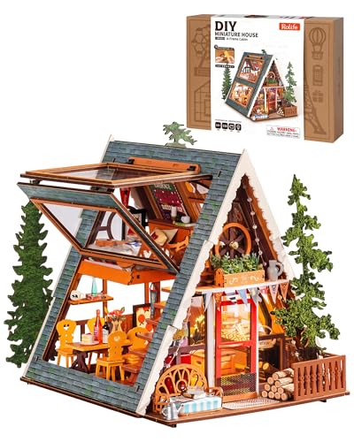 Rolife DIY Miniature House Kits A-Frame Cabin, Tiny House Mini House Building Kit for Teens, DIY Crafts for Adults, Birthday/Halloween for Parents Friends (A-Frame Cabin)