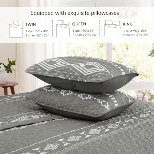 Whale Flotilla Full Queen Size Quilt Set - Reversible Grey Quilts Queen Size with 2 Pillow Shams, Lightweight Boho Striped Bedspreads Coverlet Bedding Set for All Seasons Whale Flotilla