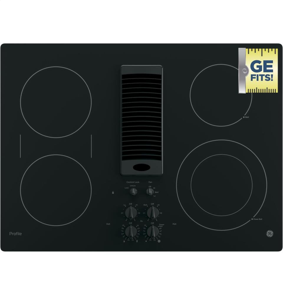 GE PP9830DJBB Profile Series Electric Cooktop with 4 Burners and 3-Speed Downdraft Exhaust System, 30", Black GE