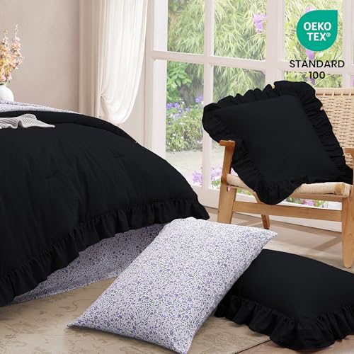 BLOOMHAVEN Full Comforter Set - 7 Pieces Ruffle Black Bedding Sets, Shabby Chic Farmhouse Bed in a Bag Full with Ruffle Comforter, Floral Sheets, Pillowcases & Shams BLOOMHAVEN