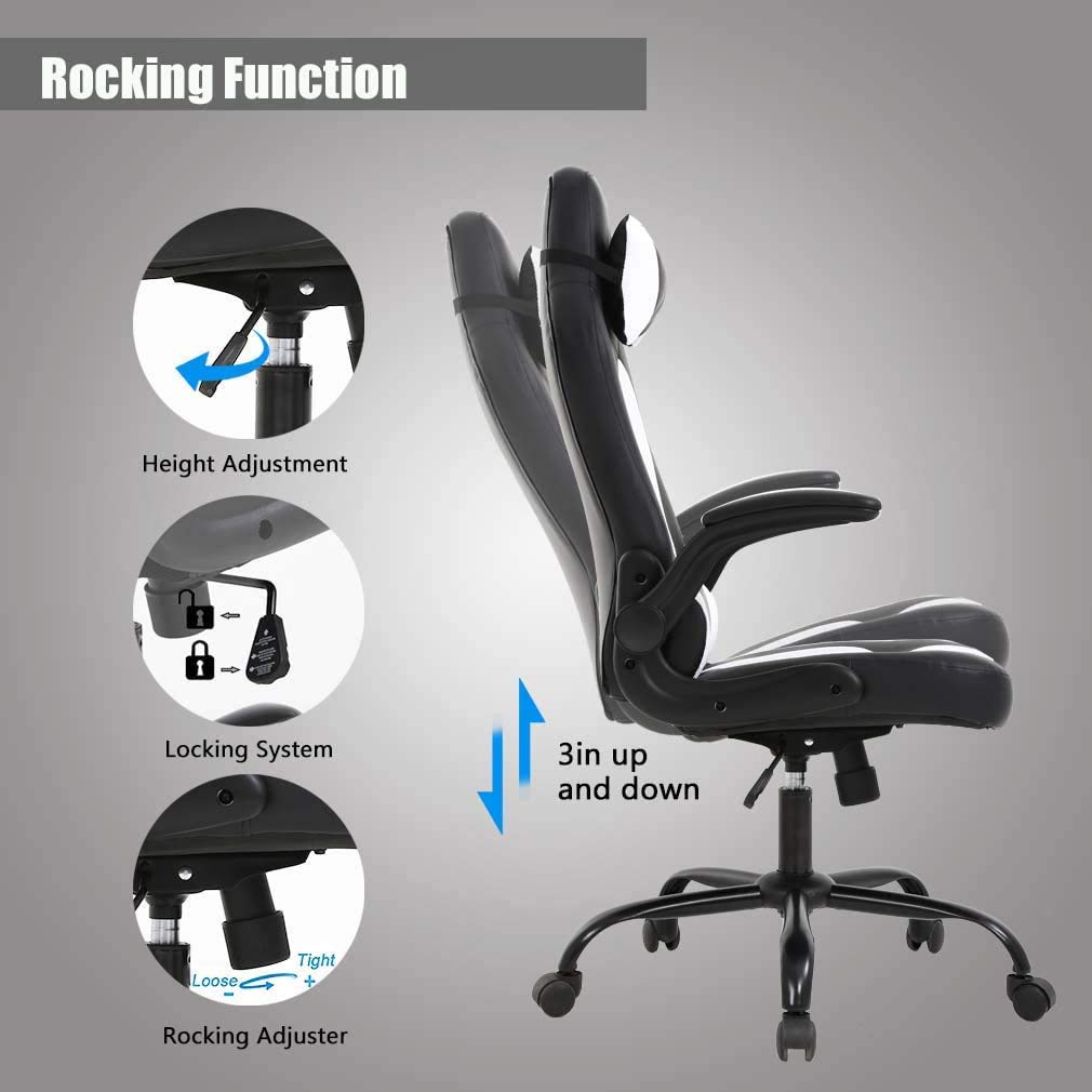 Gaming Chair Racing Style Office Chair High Back Desk Chair Executive PU Leather Rolling Task Swivel Computer Chair with Lumbar Support Headrest, White FDW