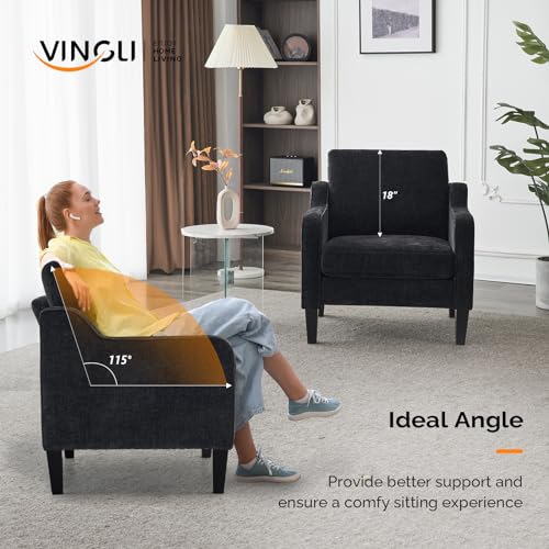 VINGLI Living Room Chairs Set of 2, Black Accent Chair 5.5" Thick Seat Cushion Comfy Chair Soft Chenille Side Chair Upholstered Arm Chair for Bedroom, Play Room, Apartment, Office (Black) VINGLI