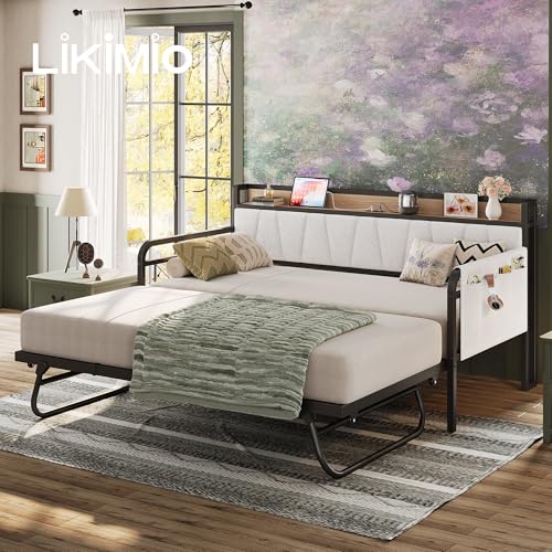 LIKIMIO Daybed with Trundle Bed, Twin Bed Frame with Storage Headboard and Charging Station, Sofa Day Bed with Strong Supports for Living Room, Bedroom, and Guest Room, Cream LIKIMIO
