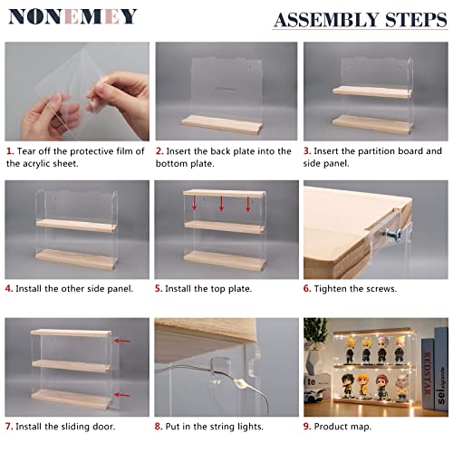 NONEMEY Clear Acrylic Display Case Stand with Wood Base 2 Tier、3 Tier、12/24 Compartments Storage Box Wall Mount Showcase Dustproof Organizer Box for NONEMEY