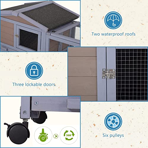 Wood Rabbit Hutch Rabbit Cage Bunny Hutch Rolling Large Bunny Cage Indoor Outdoor Two Story Guinea Pig Hutch Rabbit House with Wheels&Waterproof Roof,Grey BestPet