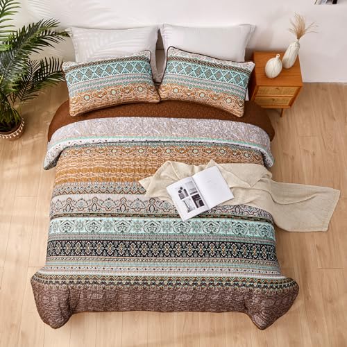 WONGS BEDDING Boho Fall Quilt Set Twin, Brown Bohemian Quilt Bedding Set, Ultra Soft Lightweight Bedspread for All Season Reversible Microfiber Coverlet Bedding Set 68"x86"(3 Pieces) WONGS BEDDING