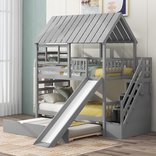 Ball & Cast Bunk Bed Twin Over Twin,House Bunk Bed with Trundle and Slide,Storage Staircase, Roof and Window Design, Full Length Guardrail,Suitable for Boys Girls Bedroom,Gray Ball & Cast