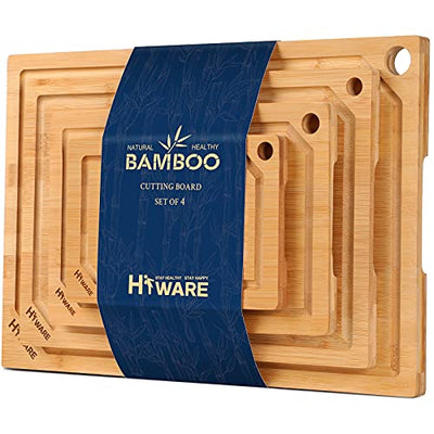 Hiware 4-Piece Extra Large Bamboo Cutting Boards Set for Kitchen, Heavy Duty Cutting Board with Juice Groove, Bamboo Chopping Board Set for Meat,