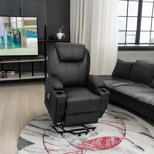 Flamaker Power Lift Recliner Chair with Vibration Massage for Elderly Ergonomic Lounge Chair Classic Single Sofa with Cup Holders Side Pockets for Living Room (Black) Flamaker