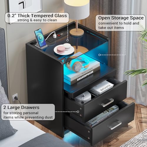 AOGLLATI LED Nightstand Set of 2 with Charging Station, Night Stand with Pull-Out Shelf, 2 Drawers, Bedside Table with LED Lights, Modern End Table with USB Ports Outlets, 2 Pack, Black AOGLLATI