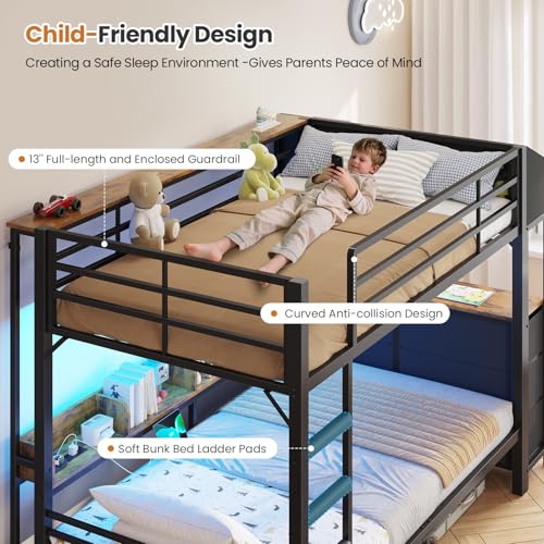 DICTAC Twin Over Twin Bunk Bed with 6 Storage Drawers,Led Lights and Charging Station Metal Bunk Beds with Side Bookcase,3 Storage Boxes &Shelf,L-Shaped bunk Bed with Safety Guardrail and Ladder,Black DICTAC
