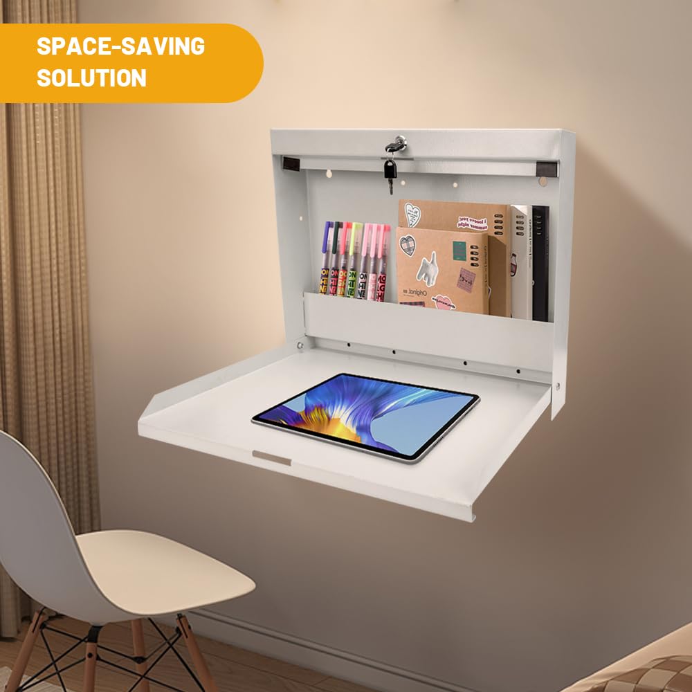 Yeeoy Wall Mount Folding Desk with Chalkboard Front, Space-Saving Floating Desk Design, Laptop Desk Foldable Tabletop for Bathroom Kitchen Office Bedroom, Key Lock, Beige Yeeoy