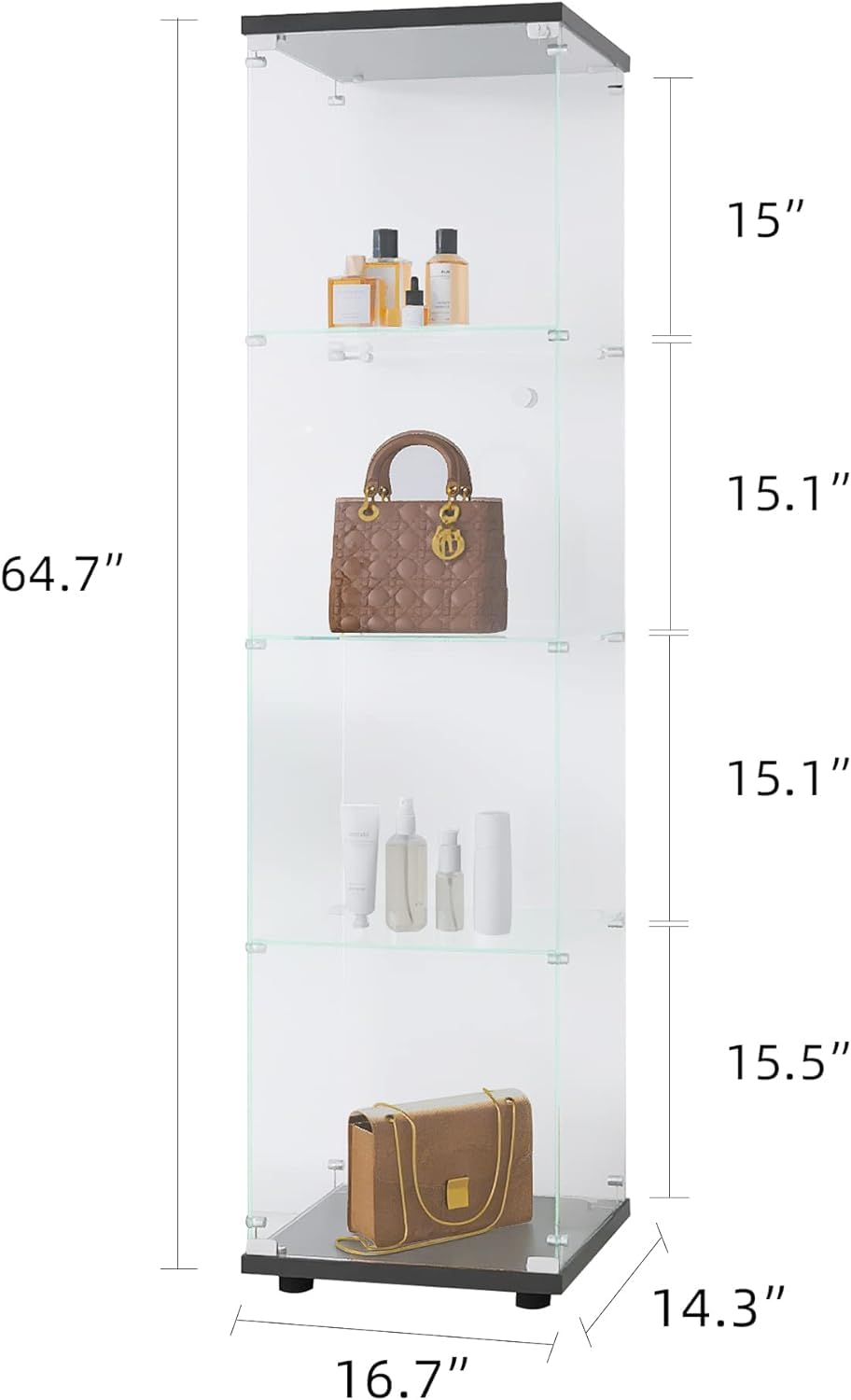 Goujxcy 64" Curio Cabinet, 4 Shelves Glass Display Cabinet with LED Lights, Glass Storage Cabinet with Door, Collectibles Toy Organizers Rack, Display Shelf, Kids Bookcase for Playroom, Bedroom, Black Goujxcy